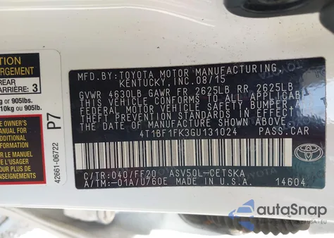 2016 Toyota Camry Se from USA, damaged, VIN 4T1BF1FK3GU131024